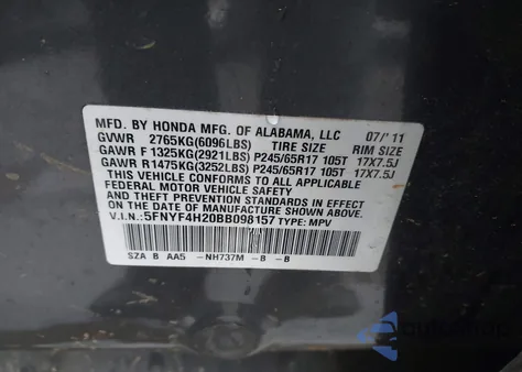 2011 Honda Pilot Lx from USA, damaged, VIN 5FNYF4H20BB098157